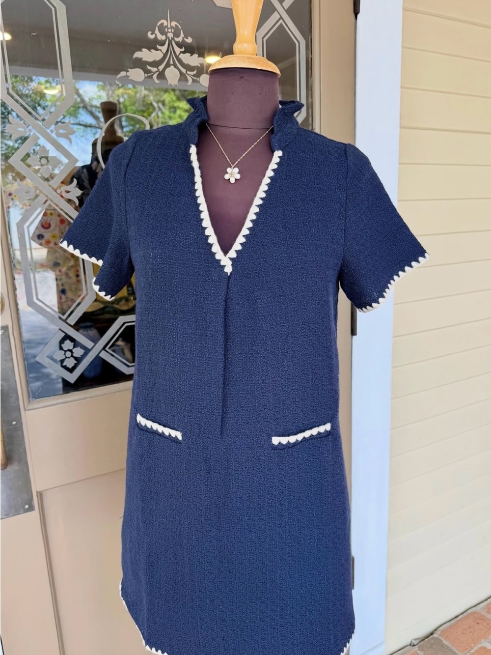 ✨ THML Navy Textured Dress with Cream Scalloped Trim ✨